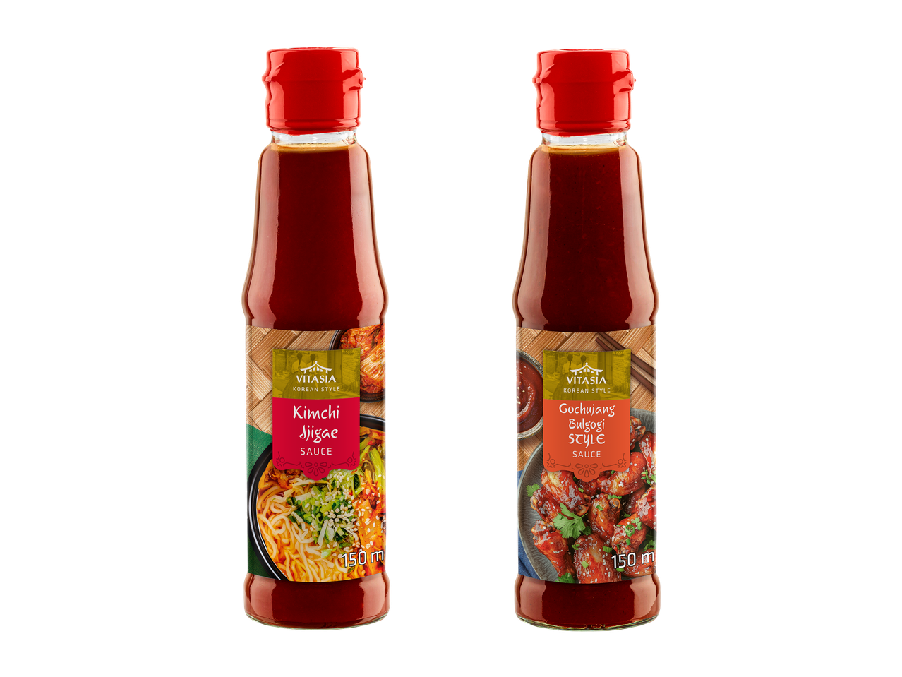 Două sticle de sos coreean: Kimchi Jjigae și Gochujang Bulgogi, 150 ml fiecare.