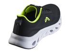 Black and neon green athletic shoe with a white sole featuring cut-outs, viewed from the back-right.