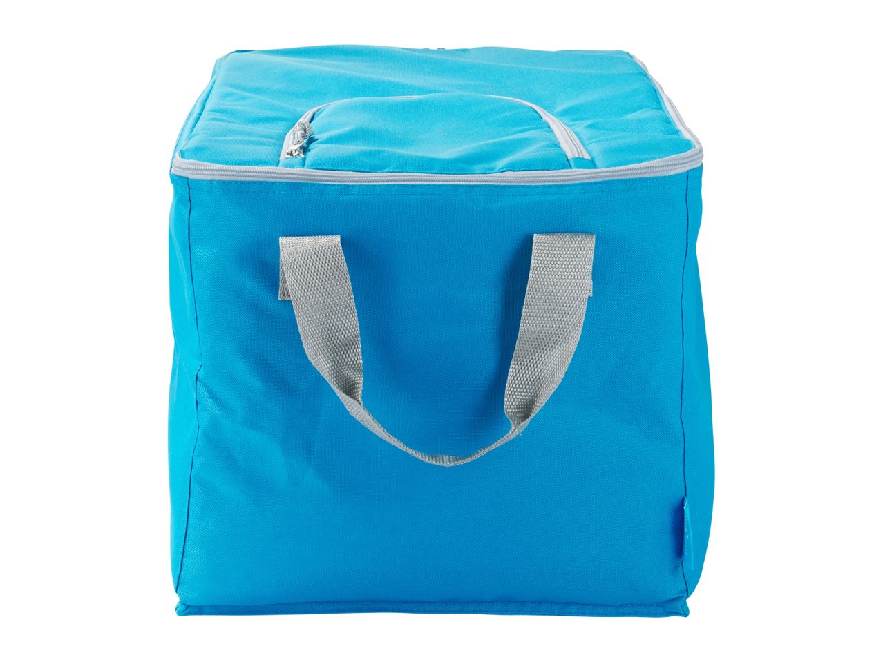 A bright blue insulated tote bag with gray handles.