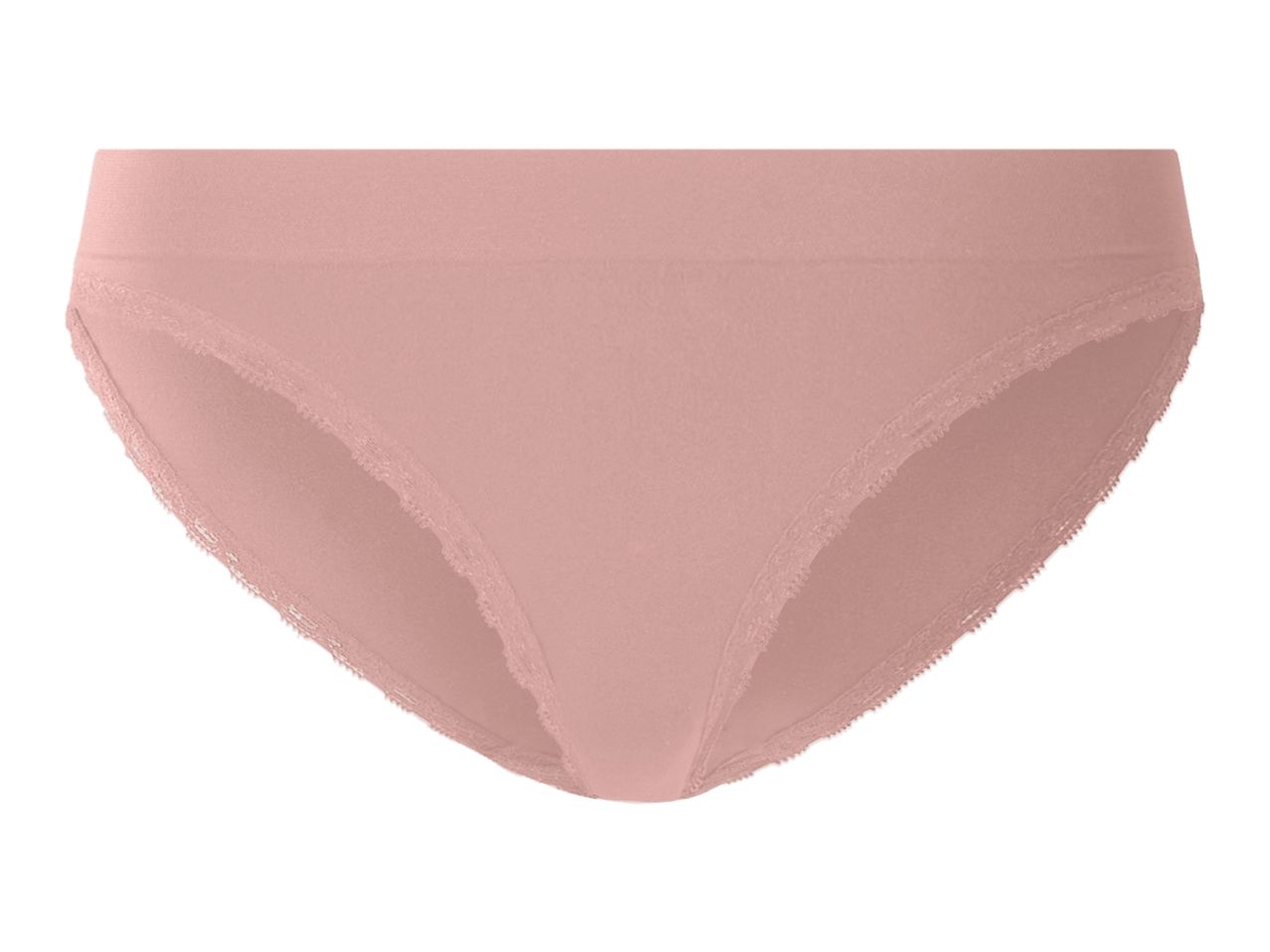Light pink women's bikini briefs with delicate lace trim.
