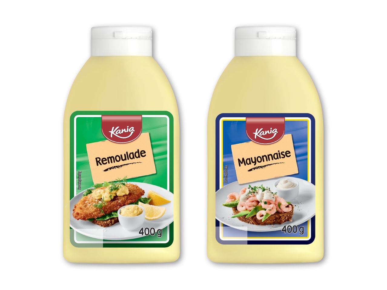 To flasker med remoulade og mayonnaise, begge med billeder af madforslag og 400g.