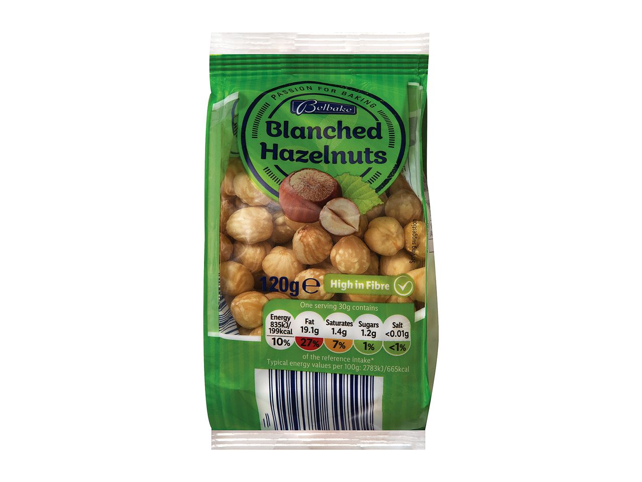 120g pack of Bellbake blanched hazelnuts, high in fibre.