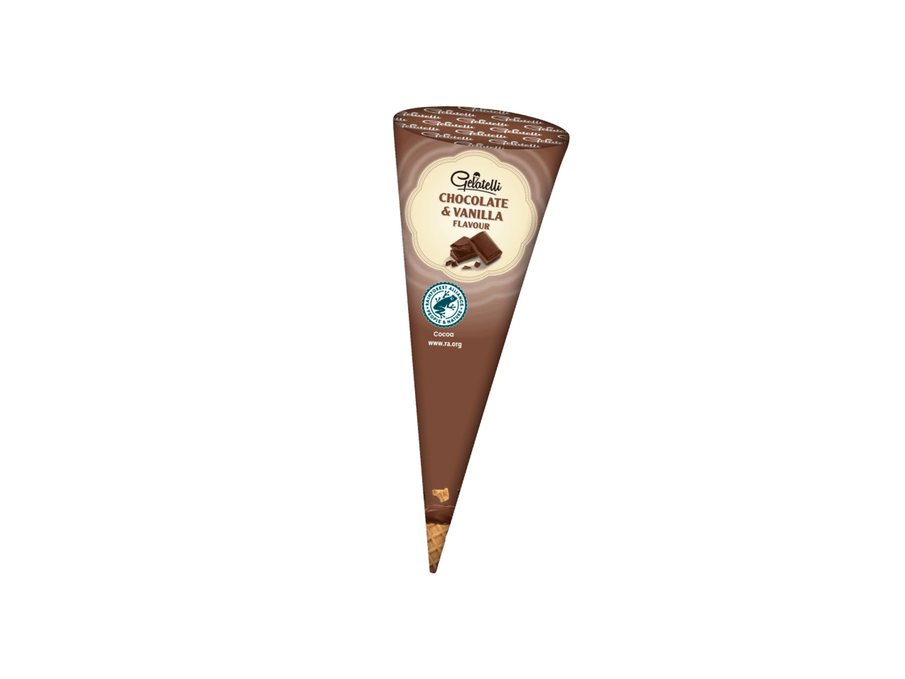 Čokoladni sladoled u kornetu sa ukusom vanile i logotipom Rainforest Alliance.