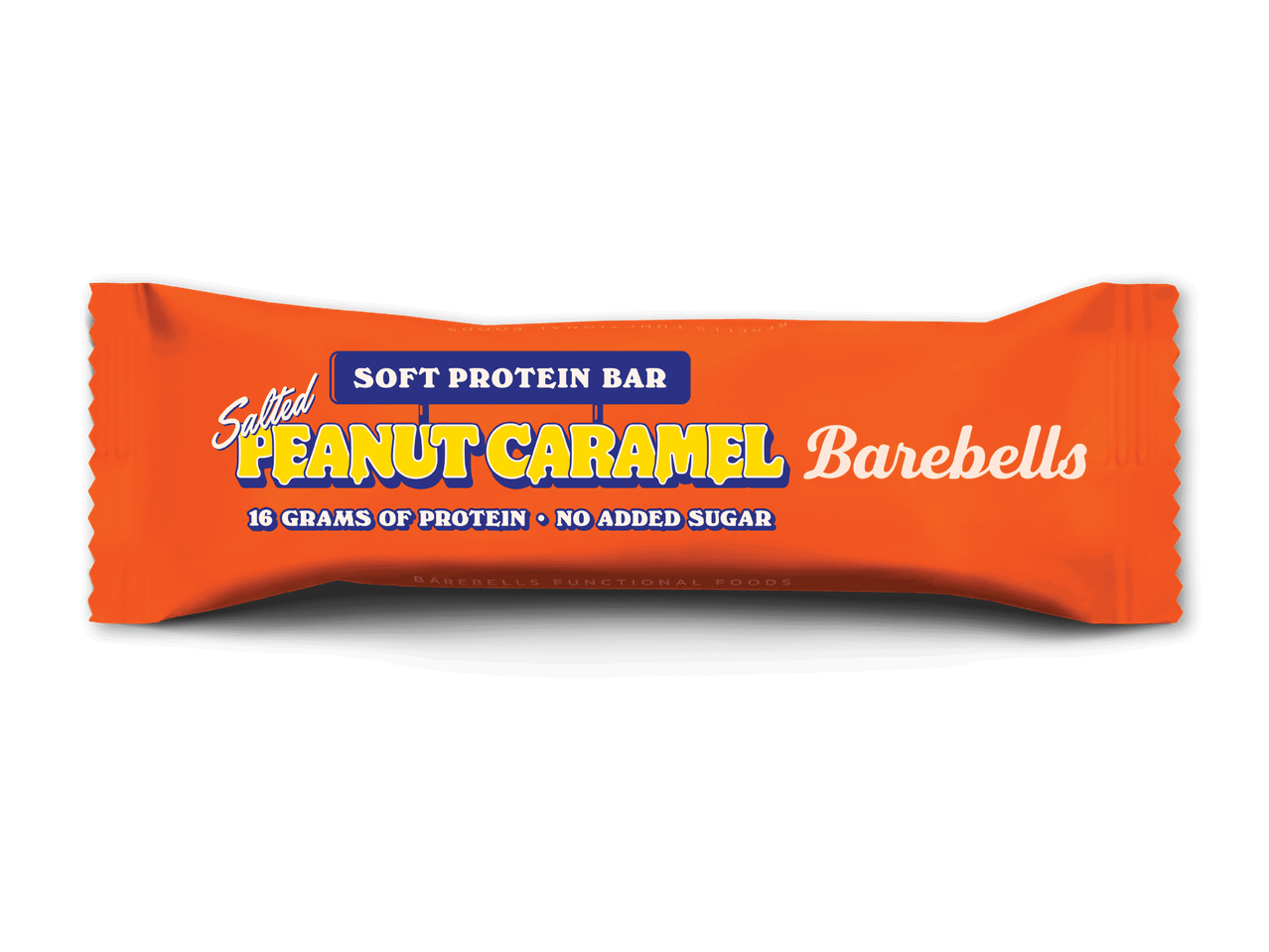 Orange proteinbar med teksten 'Salted Peanut Caramel', 16 gram protein og ingen tilsat sukker.