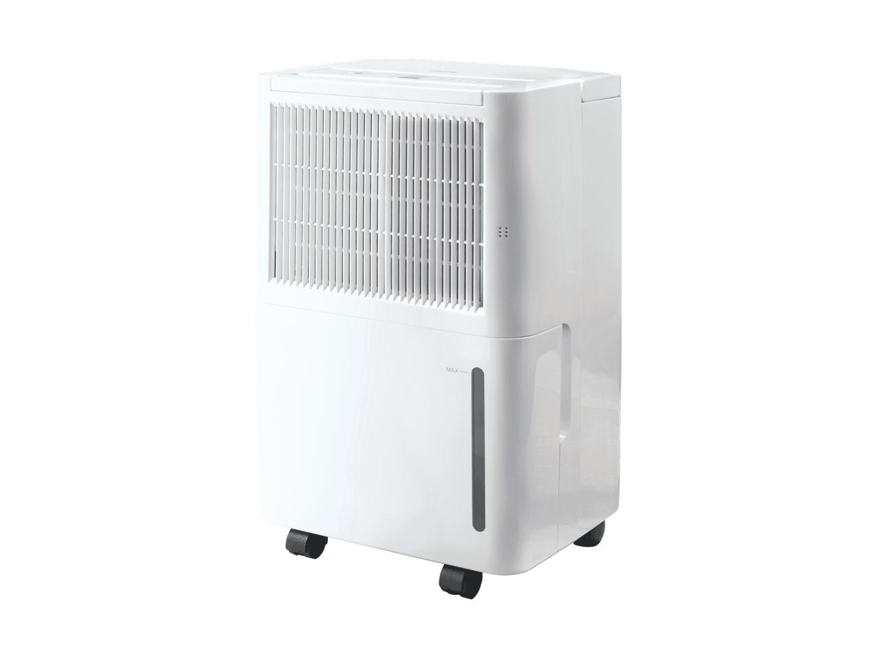 Deumidificatore d'aria bianco con rotelle e indicatore del livello dell'acqua.