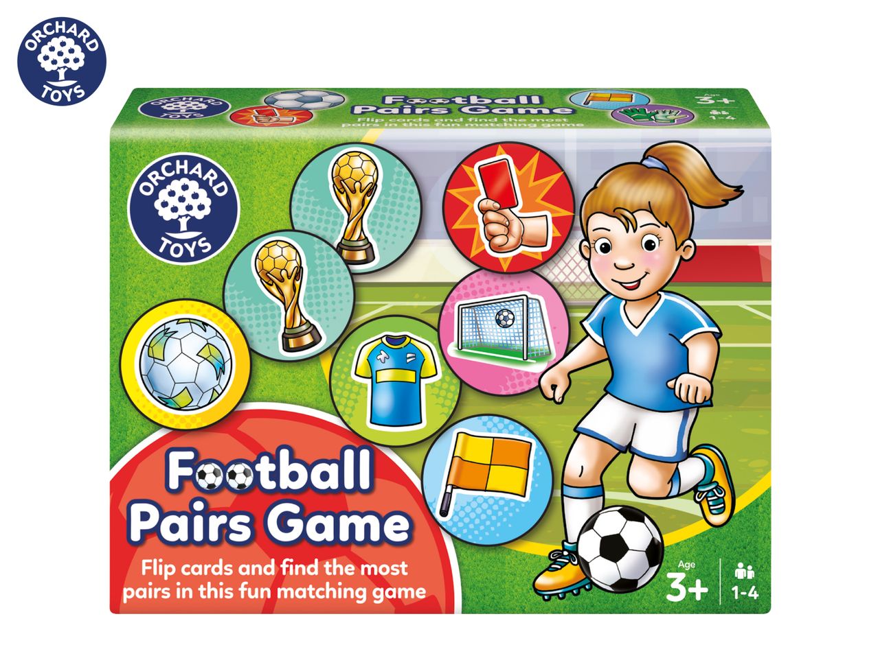 Football Pairs Game box with a girl playing football and various football-themed cards.