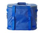 Blue cooler bag with a zipper, handles, and side buckles.