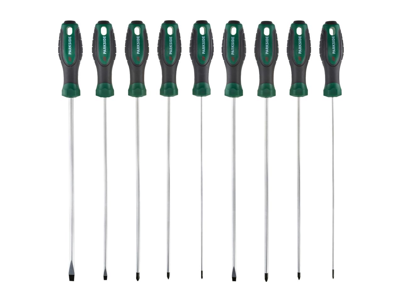 A set of nine Parkside screwdrivers with green and black handles.
