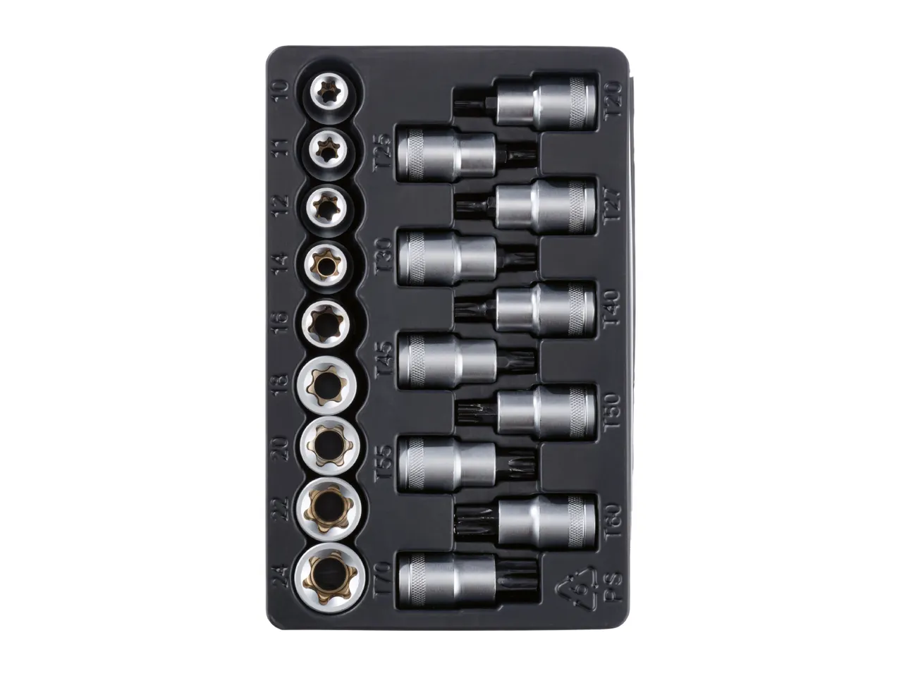 A set of star-shaped socket bits and Torx bit sockets in a black plastic organizer tray.