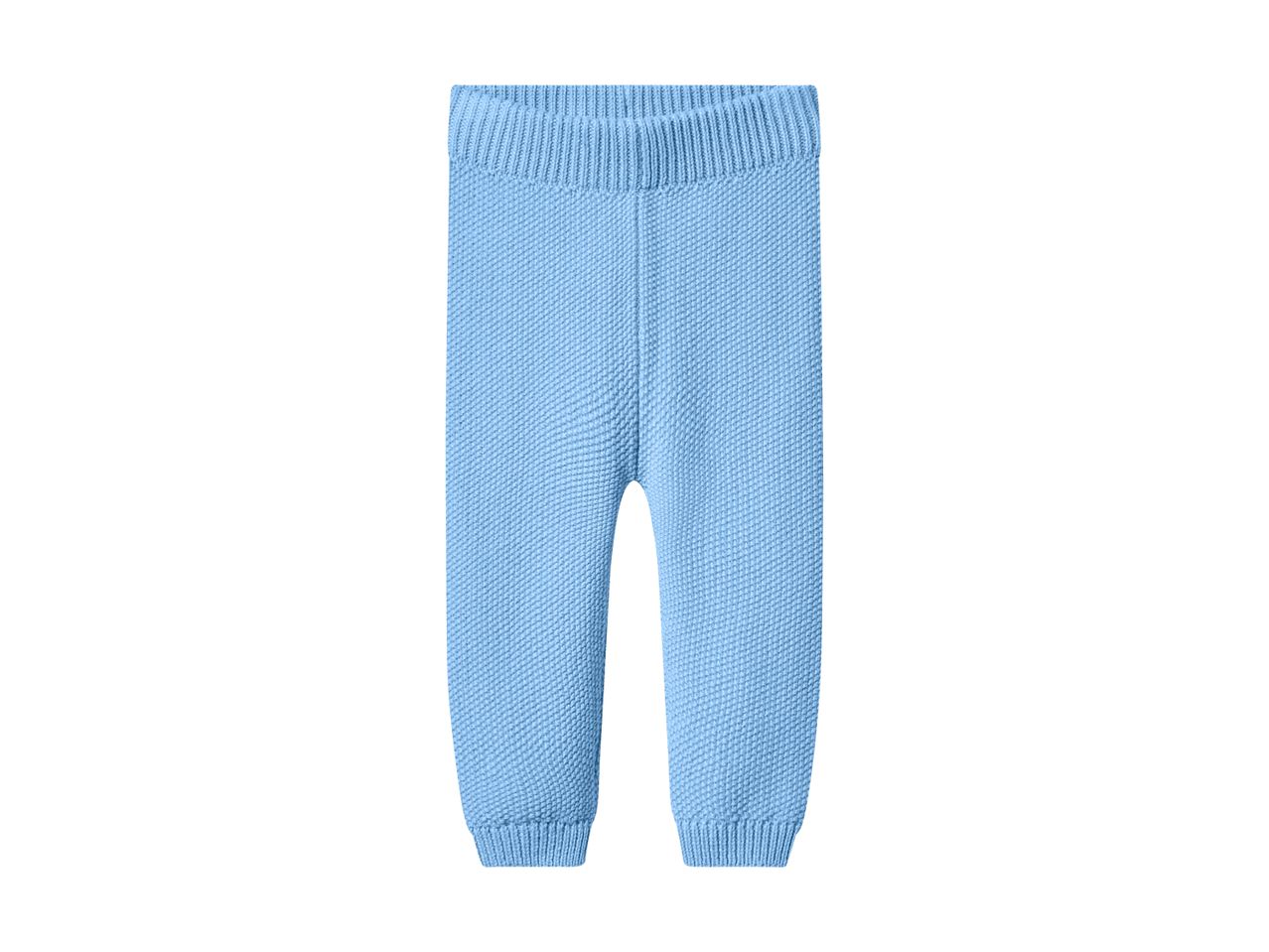 Light blue knitted baby trousers with an elasticated waist and ribbed cuffs.