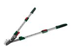 A pair of long-handled garden loppers with green and red accents, for pruning branches.