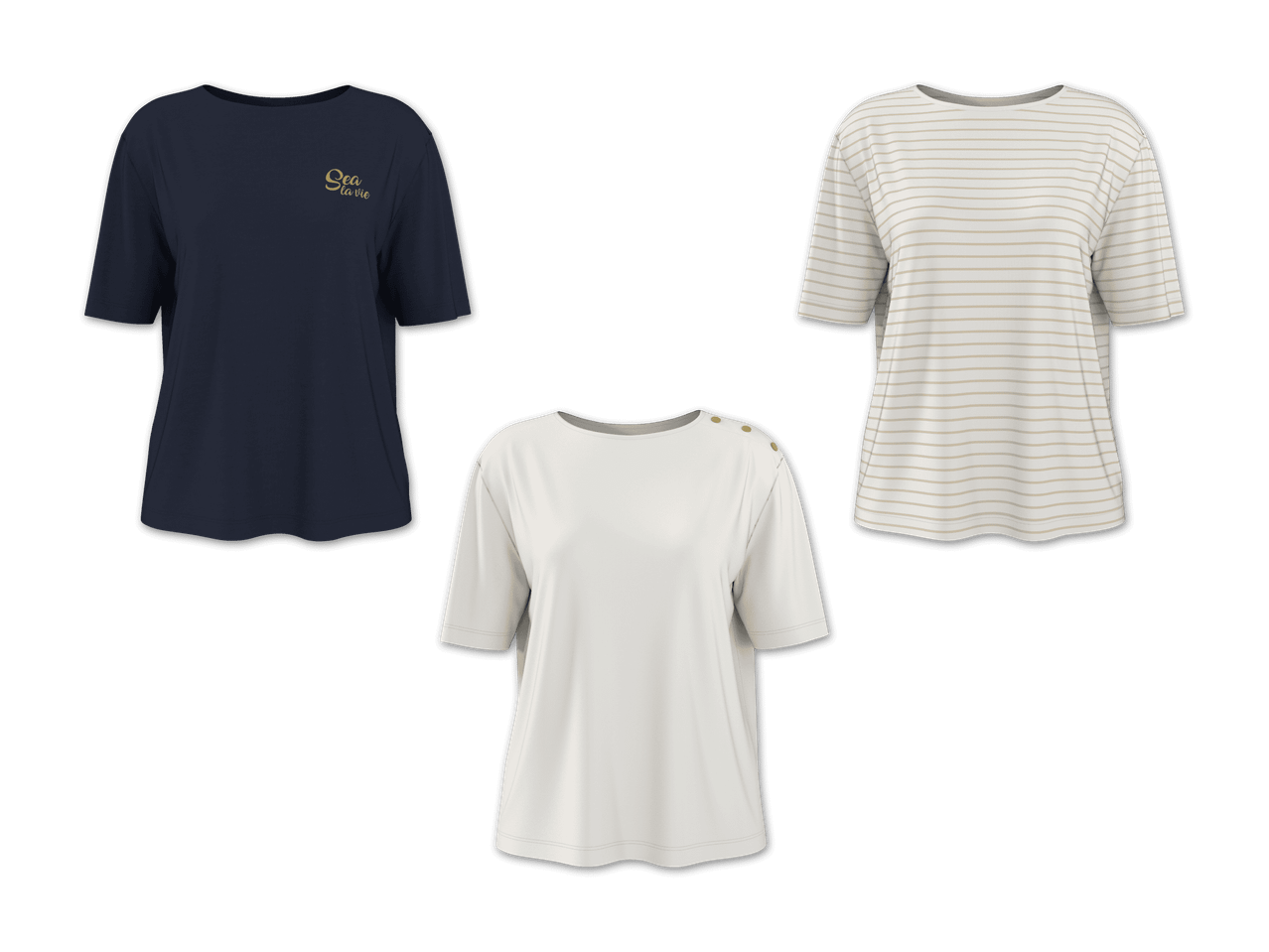 Drei T-Shirts: ein dunkelblaues mit „Sea la vie“-Aufdruck, ein weißes mit Knöpfen und ein gestreiftes.