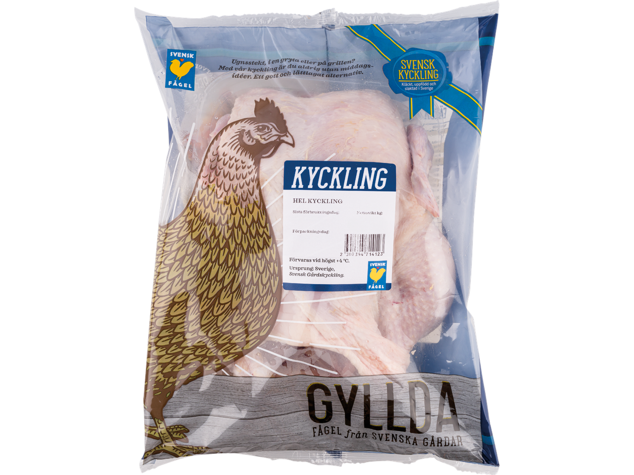Förpackning med en hel svensk gårdskyckling från Gyllda.