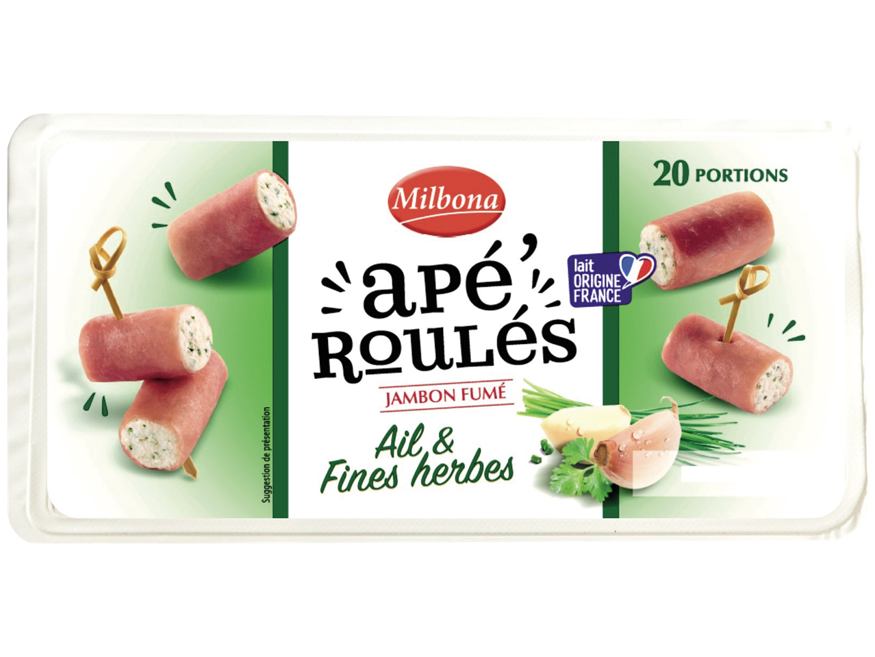 Roulés de jambon fumé à l'ail et fines herbes, 20 portions.