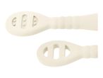 Two beige baby teethers with textured surfaces and cut-out designs.