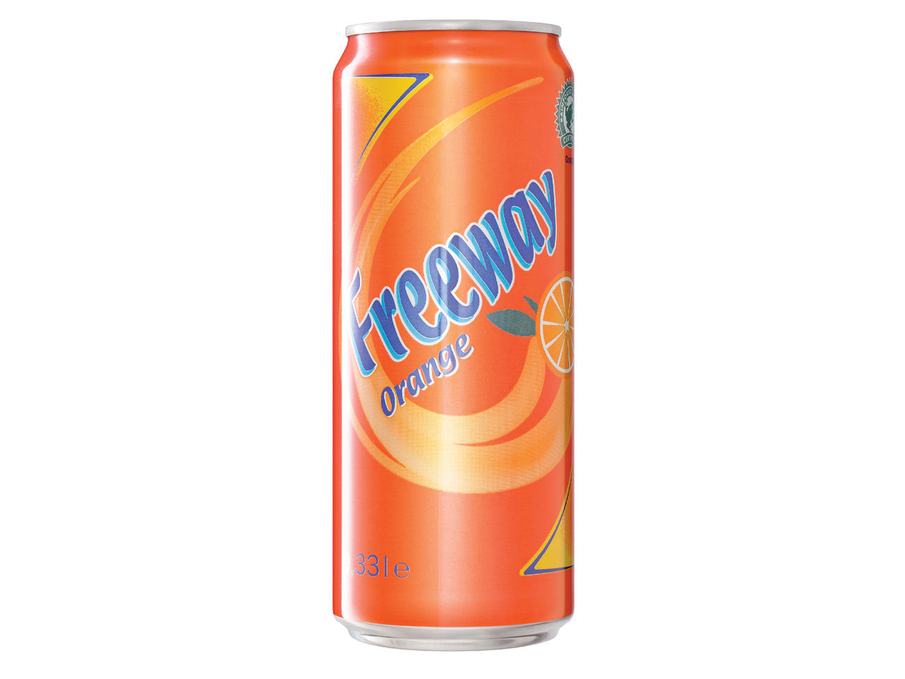 Оранжева газирана напитка в кен с надпис „Freeway Orange“ и изображение на портокал.