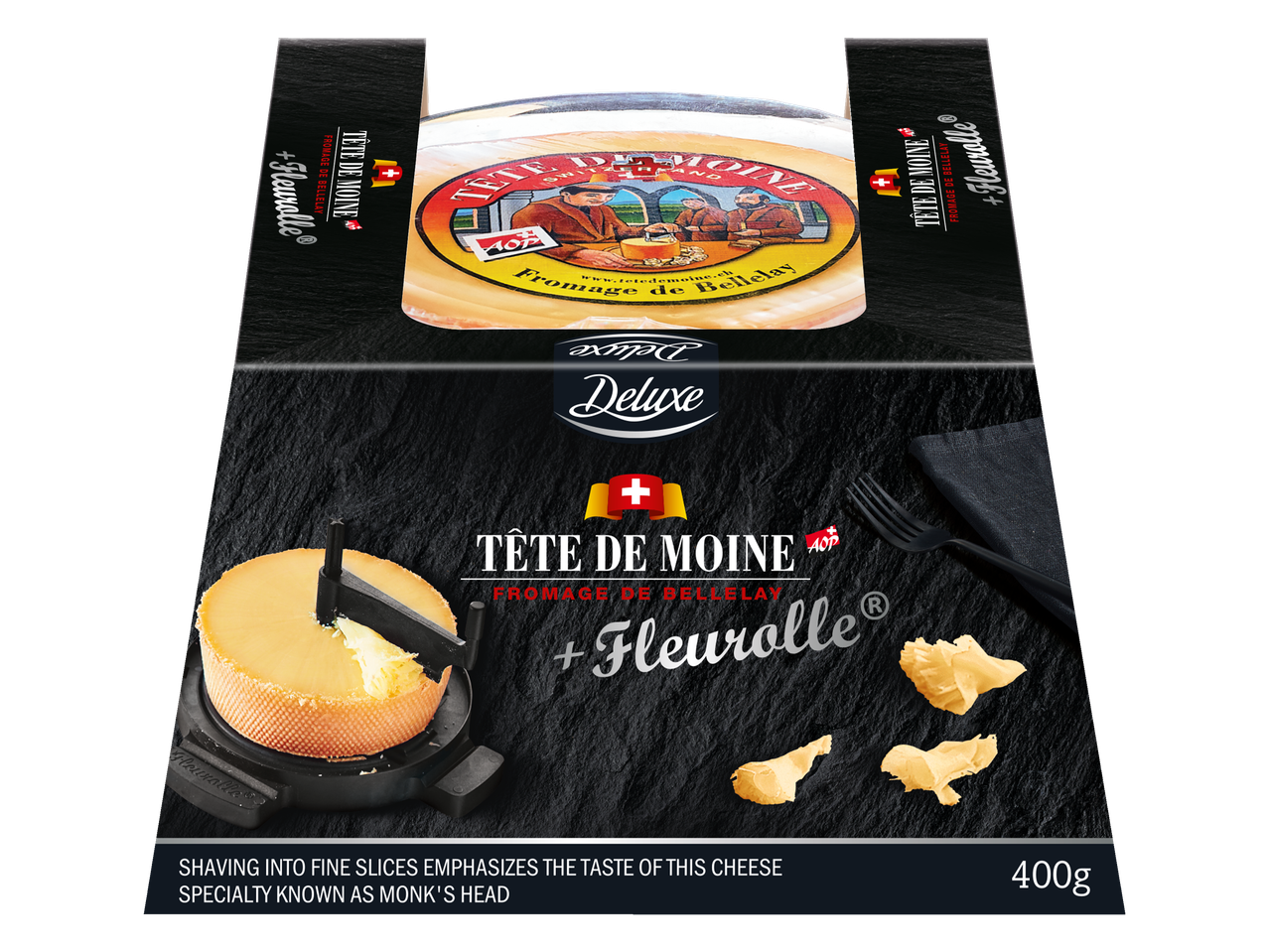 Deluxe Tête de Moine sūris su pjaustykle, patiektas ant skalūno, 400g.