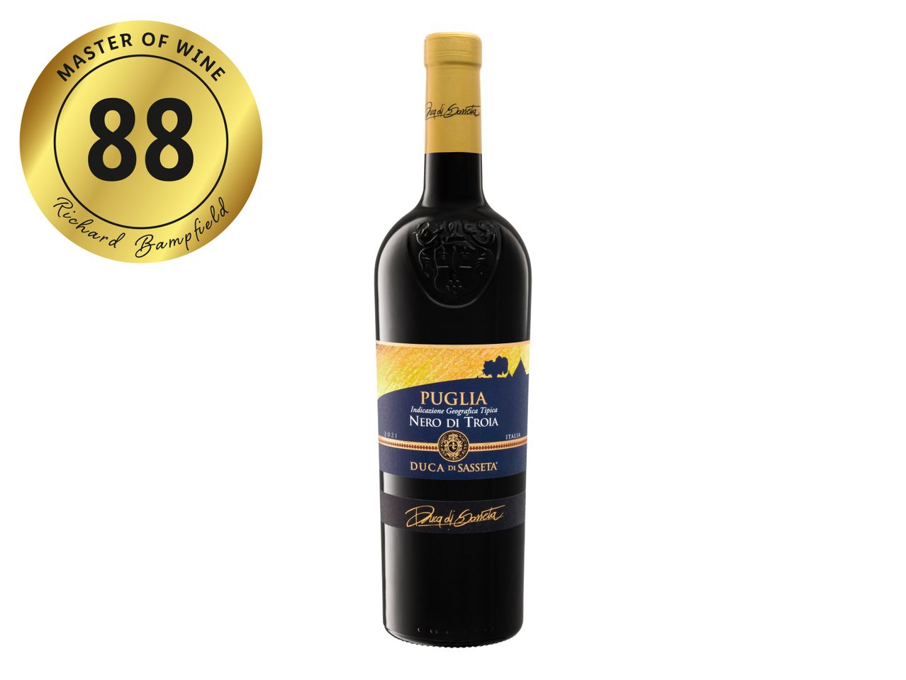 A bottle of Duca di Sasseta Puglia Nero di Troia wine with an 88-point Master of Wine rating.