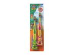 Two kids' toothbrushes, green and pink, with Paw Patrol Dino Movie theme, soft bristles for 0-6 years.