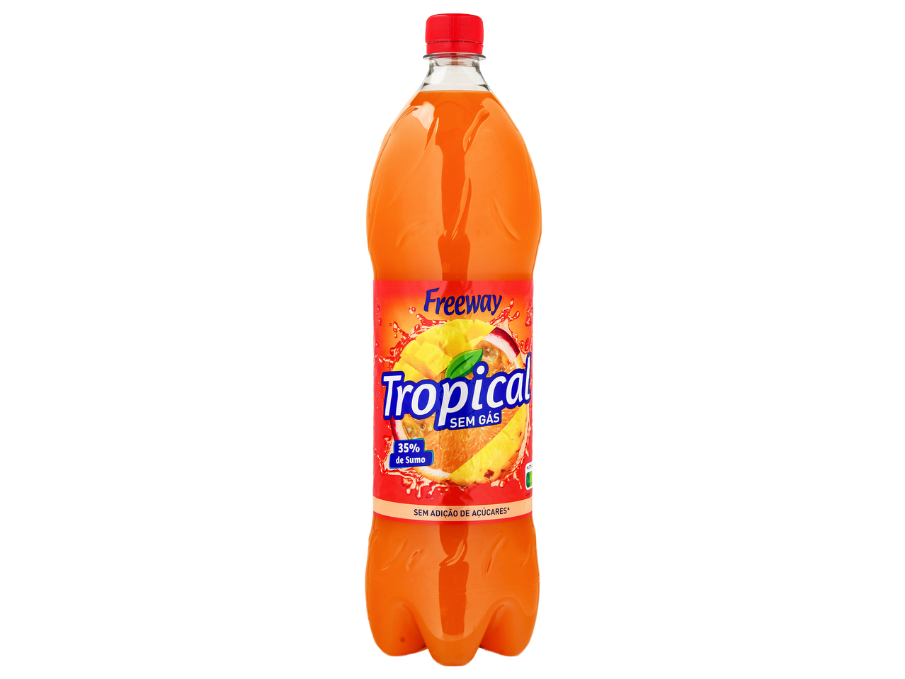 Garrafa de refrigerante tropical sem gás, com 35% de sumo e sem adição de açúcares.