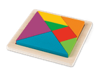 Buntes Tangram-Puzzle aus Holz mit sieben geometrischen Formen auf einer Holzplatte.