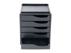 Dark grey plastic desk organizer with five drawers, one partially open.