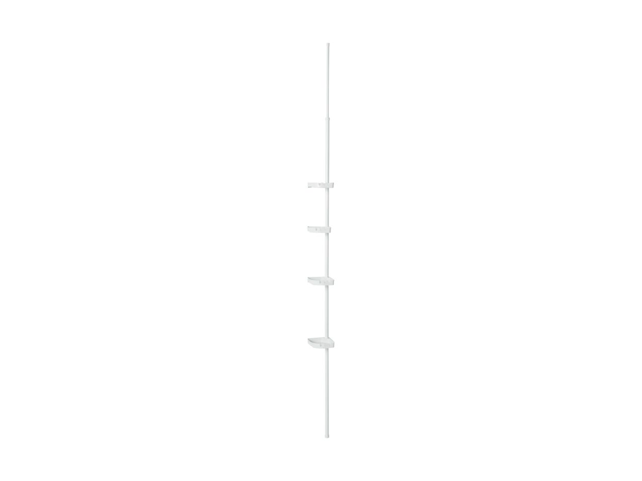 White shower caddy with four corner shelves on a tension pole.