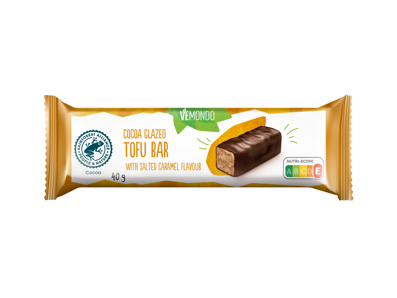 Опаковка на глазиран тофу бар с вкус на солен карамел, 40 г, с Nutri-Score B.
