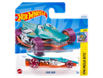 A Hot Wheels Croc Rod toy car, teal with purple wheels, in its packaging.