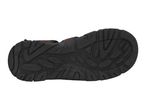 Bottom view of a black and brown men's sandal with a textured sole