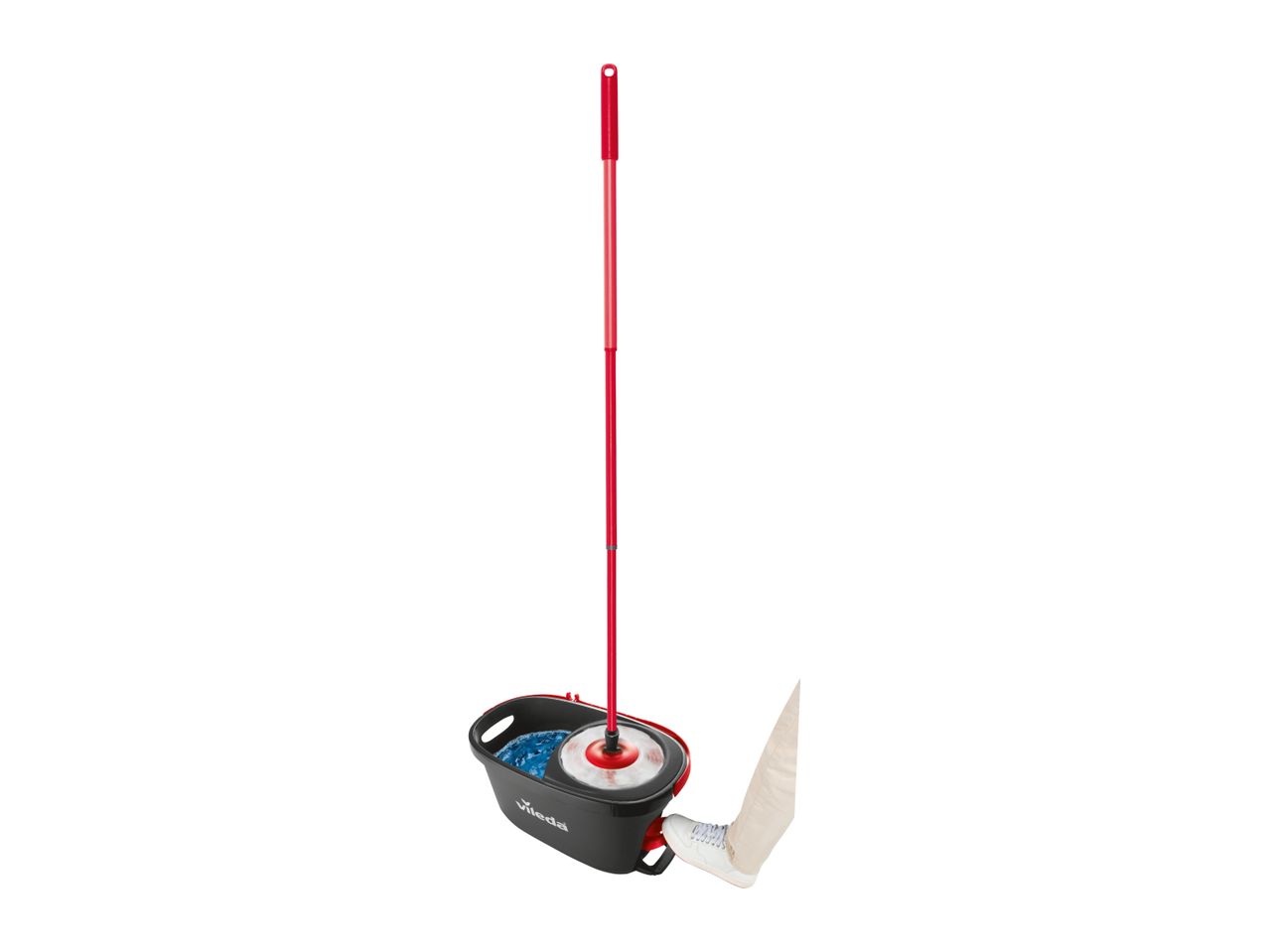 Spin mop and bucket set with a foot pedal for wringing, in use.