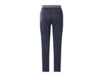 Women's navy blue pinstripe trousers with an elasticated waistband.