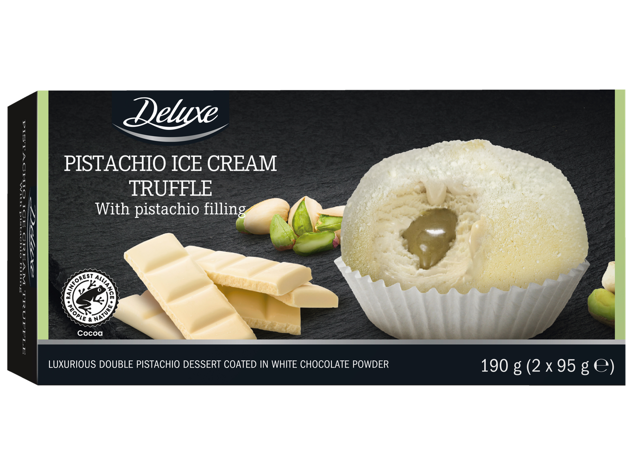 Deluxe Pistache-ijs-truffel met pistachevulling, witte chocolade en pistachenoten.