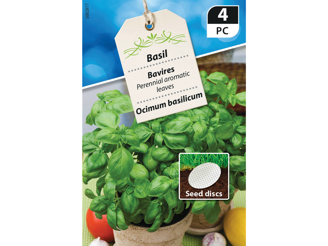 Basil seed discs for planting, with a tag showing 'Basil Bavires Ocimum basilicum'