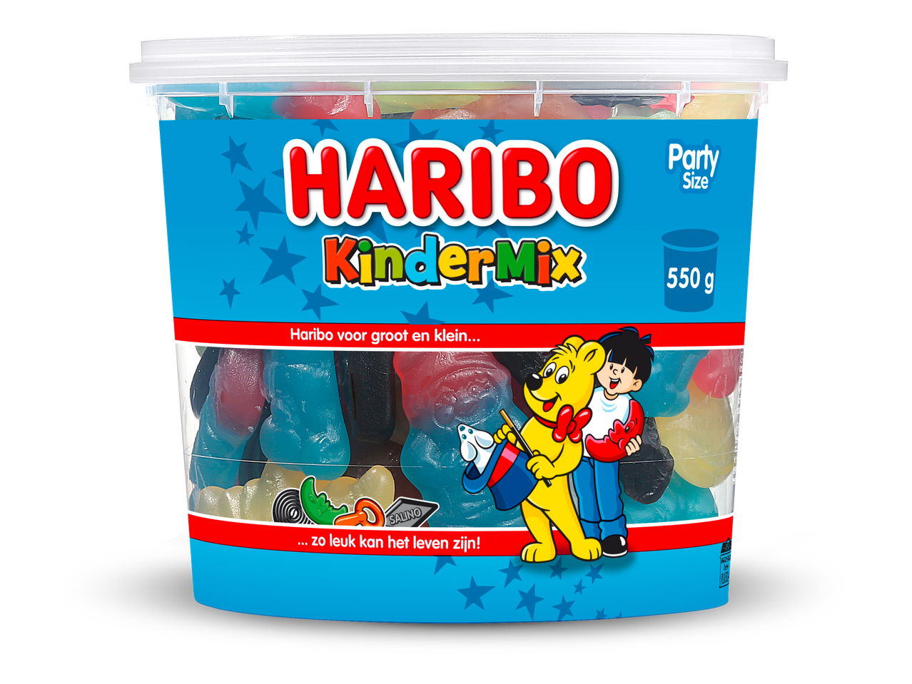 Een grote pot met gemengde fruitgums en dropjes, met een vrolijk etiket.