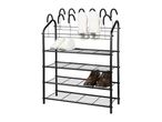 Black metal shoe rack with white sneakers and brown dress shoes, some hanging from hooks.