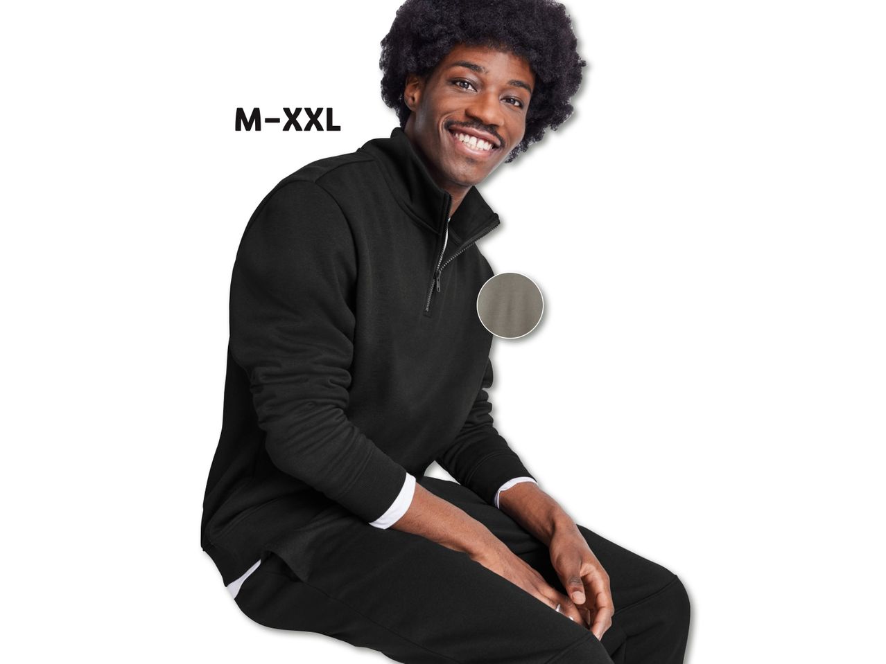 Mees mustas dressikomplektis, millel on kiri 'M-XXL'.