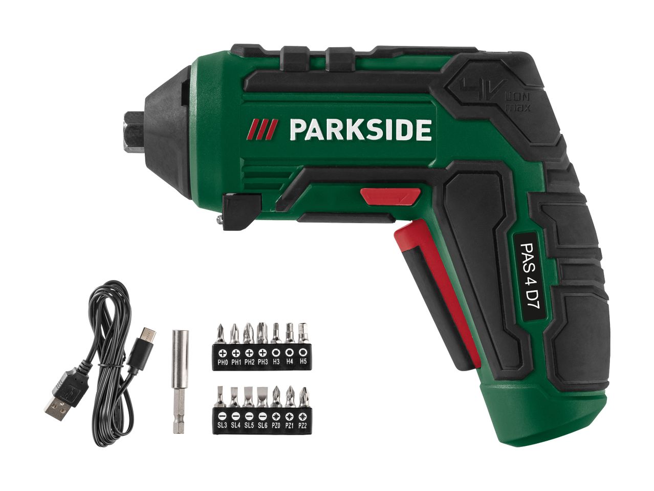 Parkside PAS 4 D7 batteridrevet skruetrækker med bitsæt og USB-opladerkabel.