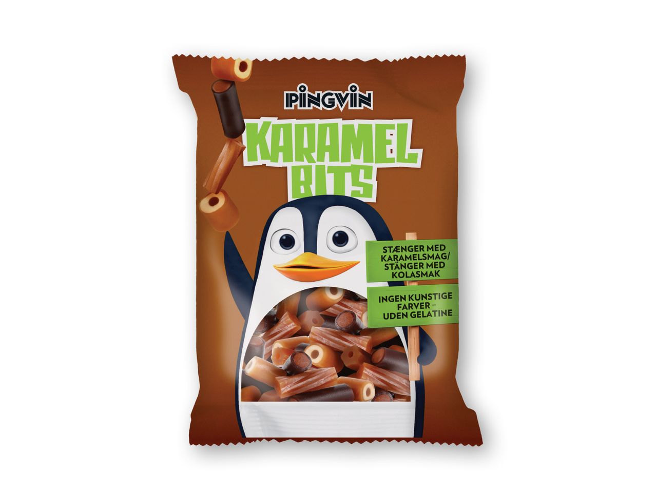 En pose Pingvin Karamel Bits med karamel- og kolasmag.