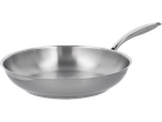 Stainless steel frying pan with a long handle, isolated on a black background.