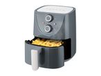 A grey air fryer with a basket of french fries, showing temperature and timer dials.