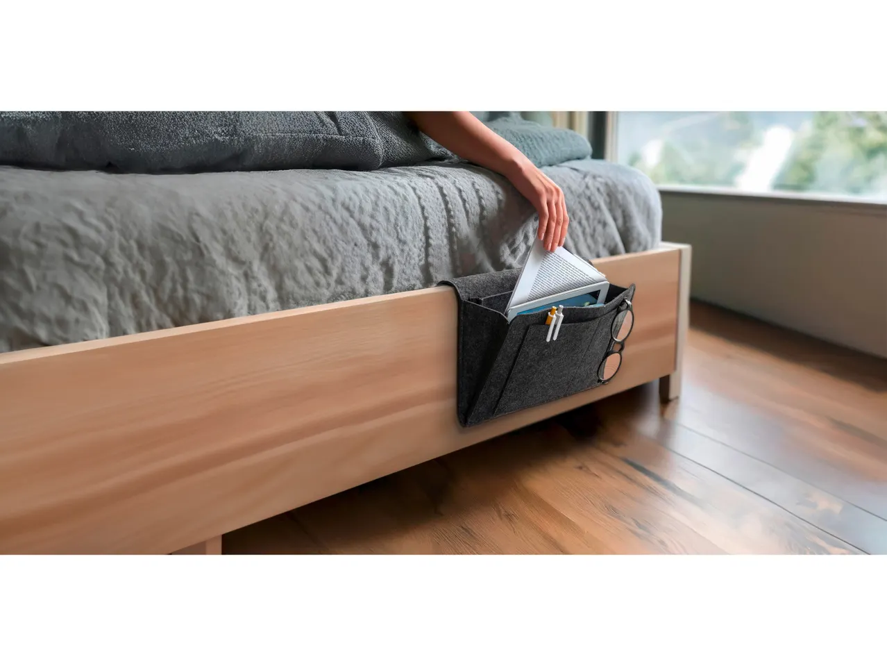 Organizer da letto in tessuto grigio scuro