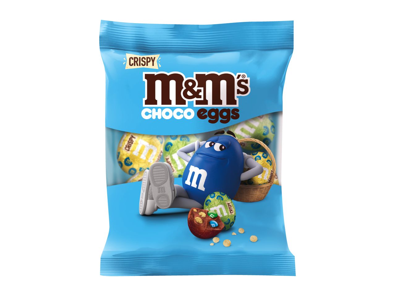 Crispy chocolate eggs in a blue bag, with a cartoon character and a basket of eggs.
