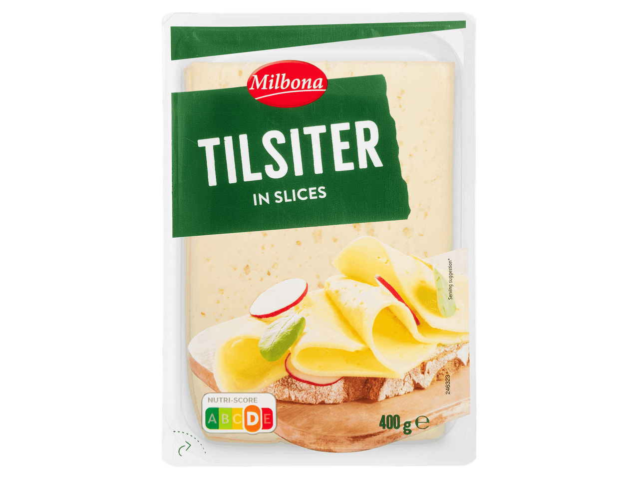 Szeletelt Tilsiter sajt 400 g-os kiszerelésben.