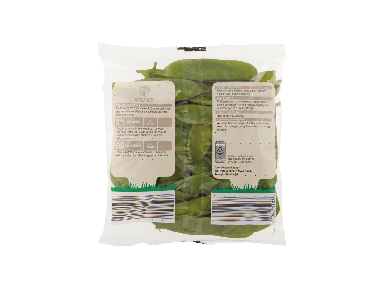 Oaklands mangetout in a clear plastic bag with cooking instructions and product information.