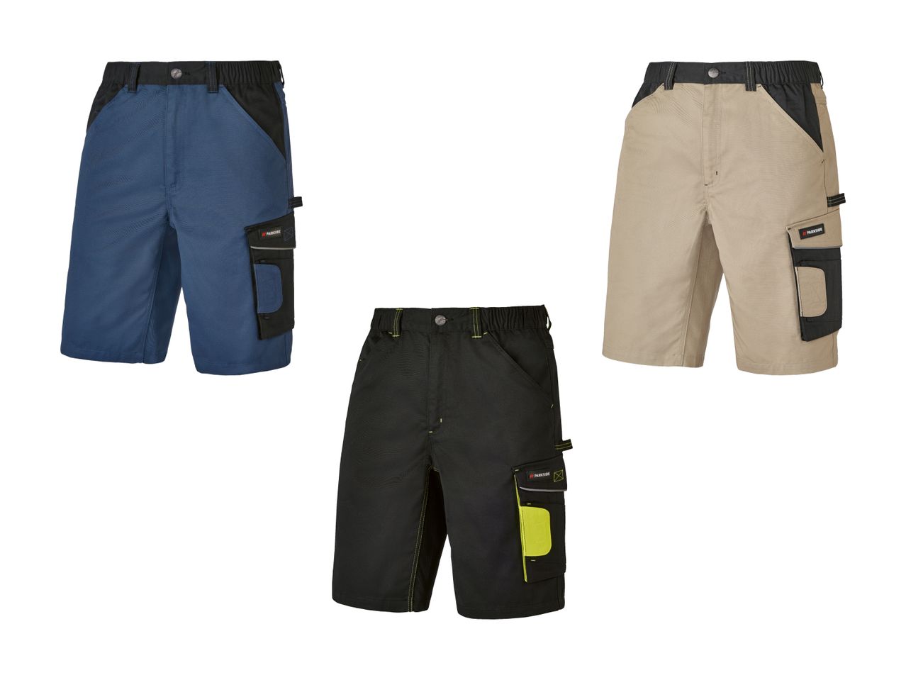 Pantaloncini da lavoro resistenti in tre colori: blu navy, beige e nero.