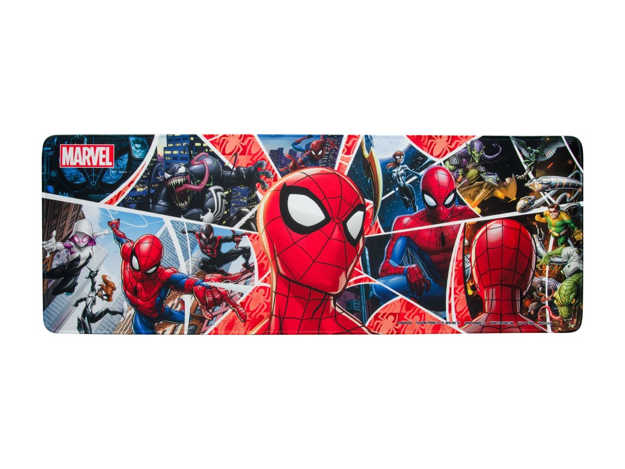 Spider-Man themed desk mat featuring various characters and villains from the comic series.