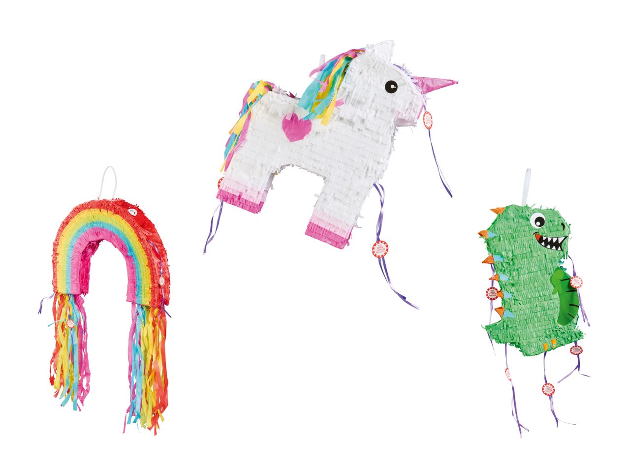 Drei Piñatas: Einhorn, Regenbogen und Dinosaurier.