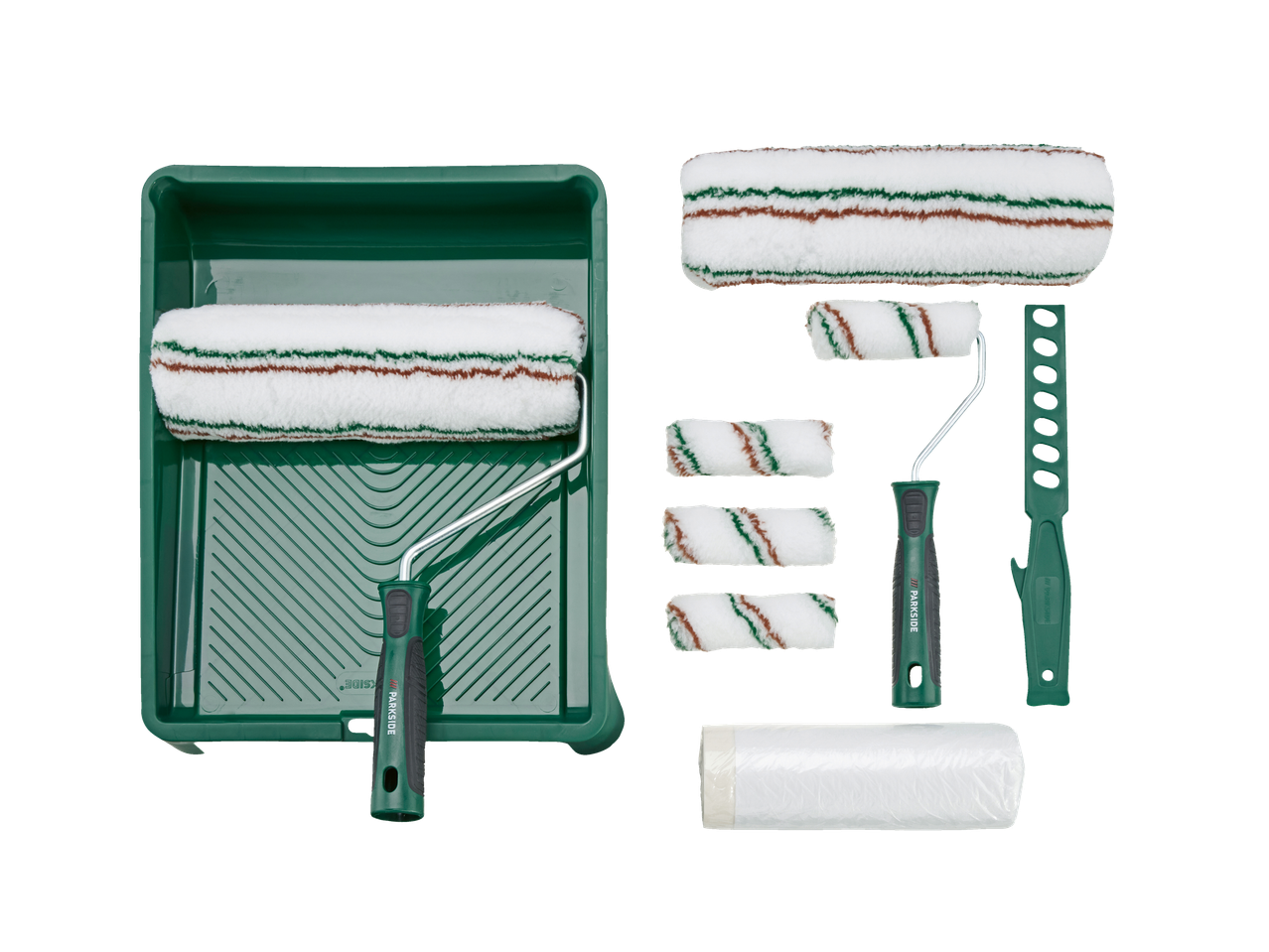 PARKSIDE® Painting Set: paint tray, large roller, small roller with handle, 4 mini rollers, and paint stirrer.