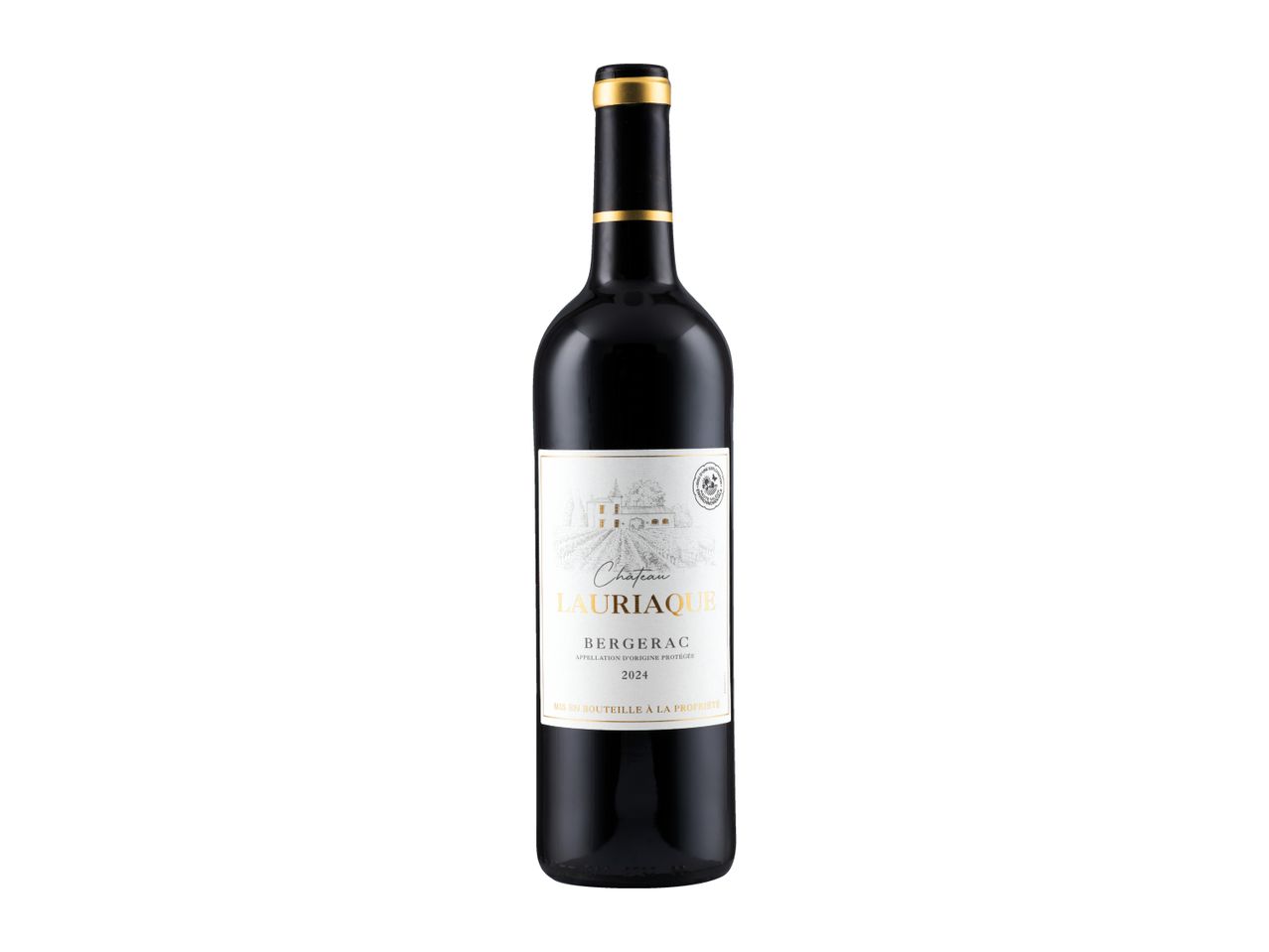 A bottle of red wine with a white label featuring a chateau illustration and the text 'Bergerac 2024'.